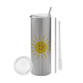 Happy sun, Eco friendly ποτήρι θερμό Ασημένιο (tumbler) από ανοξείδωτο ατσάλι 600ml, με μεταλλικό καλαμάκι & βούρτσα καθαρισμού