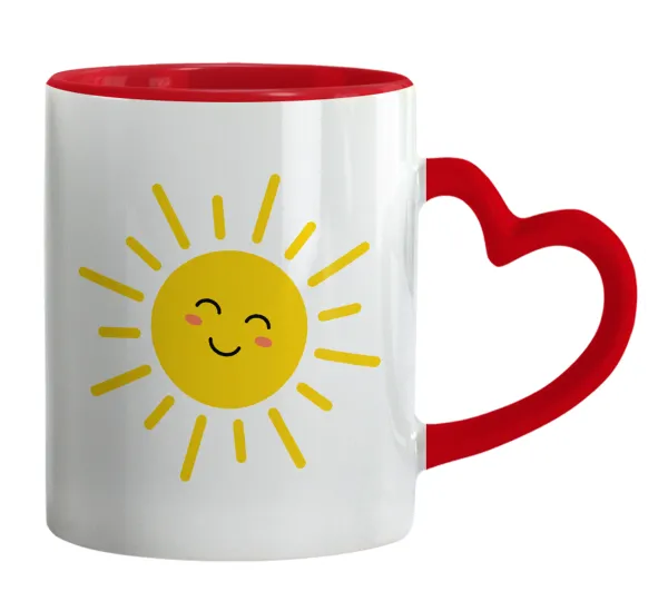 Happy sun — Κούπα καρδιά χερούλι κόκκινη, κεραμική, 330ml