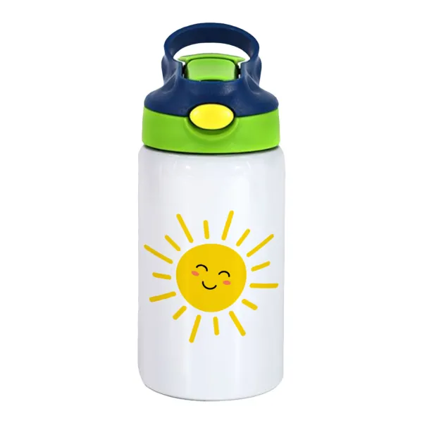 Happy sun — Children's hot water bottle, stainless steel, with safety straw, green, blue (350ml)