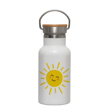 Happy sun, Metallic thermos (Stainless steel) White with wooden lid (bamboo), double-walled, 350ml
