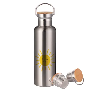 Happy sun, Stainless steel Silver with wooden lid (bamboo), double wall, 750ml