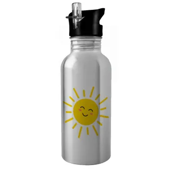 Happy sun, Water bottle Silver with straw, stainless steel 600ml