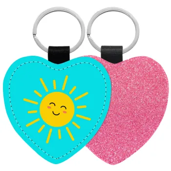 Happy sun, Μπρελόκ PU δερμάτινο glitter καρδιά ΡΟΖ