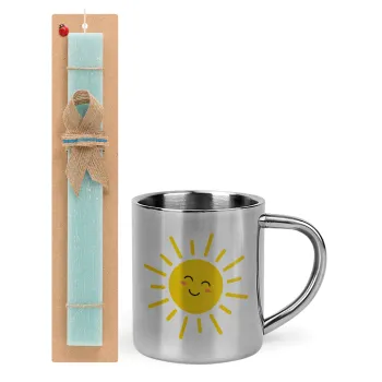 Happy sun, Easter Set, metallic thermal cup (300ml) & aromatic flat Easter candle (30cm) (TURQUOISE)