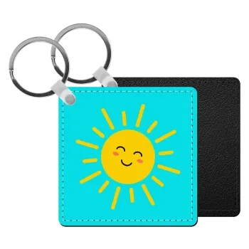 Happy sun, Μπρελόκ Δερματίνη, τετράγωνο ΜΑΥΡΟ (5x5cm)