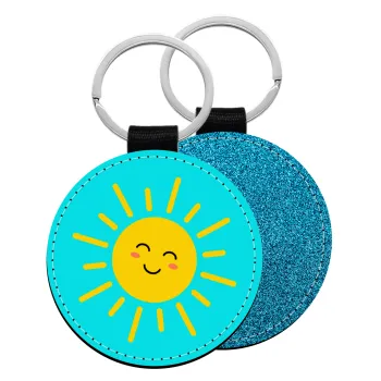 Happy sun, Μπρελόκ Δερματίνη, στρογγυλό ΜΠΛΕ (5cm)