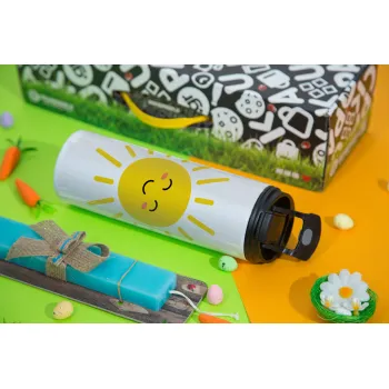 Happy sun, Easter candle,Travel Tumbler 2 Lids, with metal straw & cleaning brush & aromatic flat candle (30cm) (BLUE)