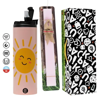 Happy sun, Πασχαλινή Λαμπάδα με  ΡΟΖ Travel Tumbler θερμό (600ml, BPA free) & κερί αρωματικό πλακέ (30cm) (ΡΟΖ)