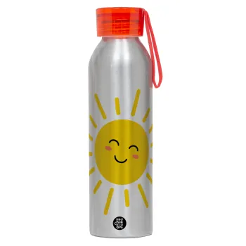 Happy sun, Aluminum Sports Bottle 650ml – Silver with Red Cap and Silicone Strap