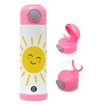 Happy sun, Children's hot water bottle, stainless steel, with safety straw, PINK (500ml)