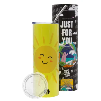 Happy sun, Neon Yellow Travel Tumbler θερμό, μεταλλικό καλαμάκι(Ανωξείδωτο 304 Food grade, BPA free, 600ml)