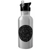 Water bottle Silver with straw, stainless steel 600ml
