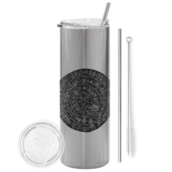 Δίσκος Φαιστού, Tumbler stainless steel Silver 600ml, with metal straw & cleaning brush