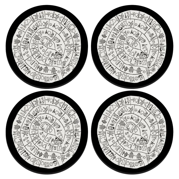Δίσκος Φαιστού — SET of 4 round wooden coasters (9cm)