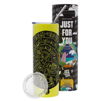 Δίσκος Φαιστού, Neon Yellow Travel Tumbler θερμό, μεταλλικό καλαμάκι(Ανωξείδωτο 304 Food grade, BPA free, 600ml)