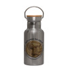 Stainless steel metallic thermos flask, silver with a bamboo lid, double-walled, 350ml.