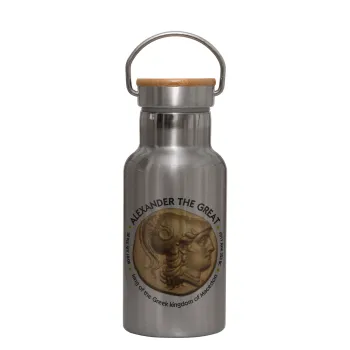 Alexander the Great, Stainless steel metallic thermos flask, silver with a bamboo lid, double-walled, 350ml.