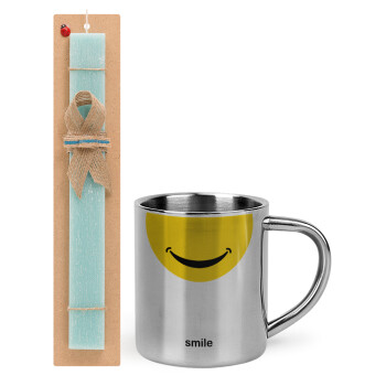 Smile Mug, Πασχαλινό Σετ, μεταλλική κούπα θερμό (300ml) & πασχαλινή λαμπάδα αρωματική πλακέ (30cm) (ΤΙΡΚΟΥΑΖ)