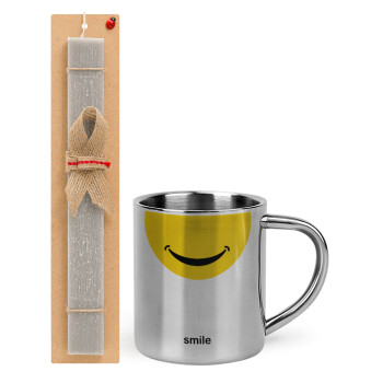 Smile Mug, Πασχαλινό Σετ, μεταλλική κούπα θερμό (300ml) & πασχαλινή λαμπάδα αρωματική πλακέ (30cm) (ΓΚΡΙ)