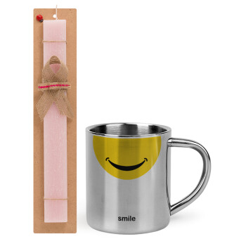 Smile Mug, Πασχαλινό Σετ, μεταλλική κούπα θερμό (300ml) & πασχαλινή λαμπάδα αρωματική πλακέ (30cm) (ΡΟΖ)