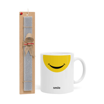 Smile Mug, Πασχαλινό Σετ, Κούπα κεραμική (330ml) & πασχαλινή λαμπάδα αρωματική πλακέ (30cm) (ΓΚΡΙ)