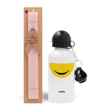 Smile Mug, Πασχαλινό Σετ, παγούρι μεταλλικό αλουμινίου (500ml) & πασχαλινή λαμπάδα αρωματική πλακέ (30cm) (ΡΟΖ)