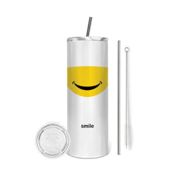 Smile Mug, Eco friendly ποτήρι θερμό (tumbler) από ανοξείδωτο ατσάλι 600ml, με μεταλλικό καλαμάκι & βούρτσα καθαρισμού