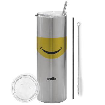 Smile Mug, Eco friendly ποτήρι θερμό Ασημένιο (tumbler) από ανοξείδωτο ατσάλι 600ml, με μεταλλικό καλαμάκι & βούρτσα καθαρισμού