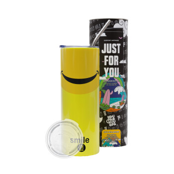 Smile Mug, Neon Yellow Travel Tumbler, with metal straw (Stainless steel 304 Food grade, BPA free, 600ml)