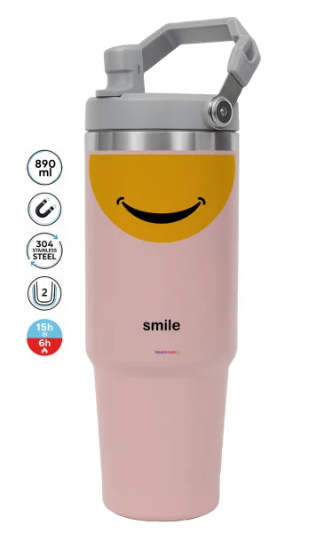 Smile Mug — ΡΟΖ Travel Tumbler Θερμός με χερούλι και καλαμάκι 890ml