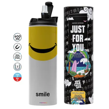 Smile Mug, Tumbler ποτήρι θερμό ΓΚΡΙ από ανοξείδωτο ατσάλι 600ml