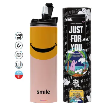 Smile Mug, Tumbler ποτήρι θερμό ΡΟΖ από ανοξείδωτο ατσάλι 600ml