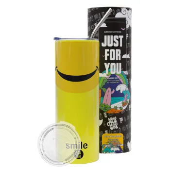 Smile Mug, Neon Yellow Travel Tumbler θερμό, μεταλλικό καλαμάκι(Ανωξείδωτο 304 Food grade, BPA free, 600ml)