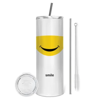 Smile Mug, Tumbler ποτήρι θερμό από ανοξείδωτο ατσάλι 600ml, με μεταλλικό καλαμάκι & βούρτσα καθαρισμού