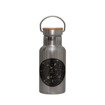 Προχίστορας, Stainless steel metallic thermos flask, silver with a bamboo lid, double-walled, 350ml.