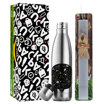 Προχίστορας, Easter Set, metallic stainless thermos flask (500ml) & scented flat Easter candle (30cm) (GRAY)