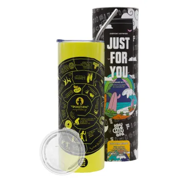 Προχίστορας, Neon Yellow Travel Tumbler θερμό, μεταλλικό καλαμάκι(Ανωξείδωτο 304 Food grade, BPA free, 600ml)