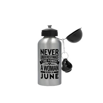 Never Underestimate the poer of a Woman born in..., Metallic water jug, Silver, aluminum 500ml