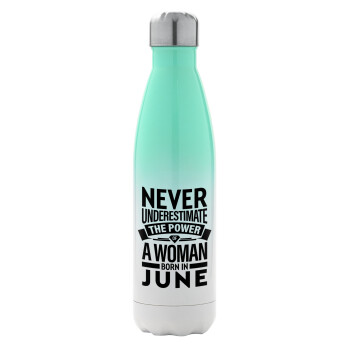 Never Underestimate the poer of a Woman born in..., Metal mug thermos Green/White (Stainless steel), double wall, 500ml