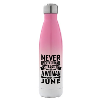 Never Underestimate the poer of a Woman born in..., Metal mug thermos Pink/White (Stainless steel), double wall, 500ml