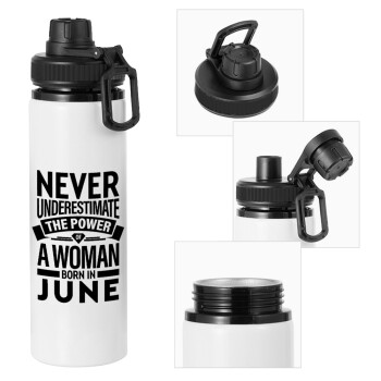 Never Underestimate the poer of a Woman born in..., Metal water bottle with safety cap, aluminum 850ml