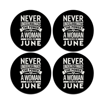 Never Underestimate the poer of a Woman born in..., SET of 4 round wooden coasters (9cm)