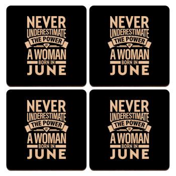 Never Underestimate the poer of a Woman born in..., ΣΕΤ x4 Σουβέρ ξύλινα τετράγωνα plywood (9cm)