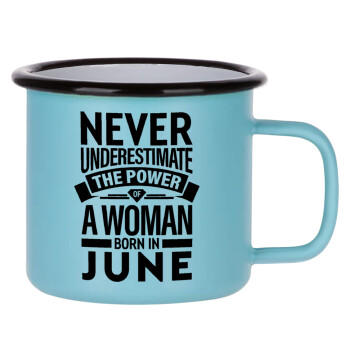 Never Underestimate the poer of a Woman born in..., Κούπα Μεταλλική εμαγιέ ΜΑΤ σιέλ 360ml