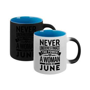 Never Underestimate the poer of a Woman born in..., Κούπα Μαγική εσωτερικό μπλε, κεραμική 330ml που αλλάζει χρώμα με το ζεστό ρόφημα