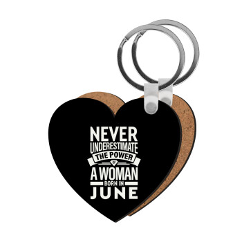 Never Underestimate the poer of a Woman born in..., Μπρελόκ Ξύλινο καρδιά MDF