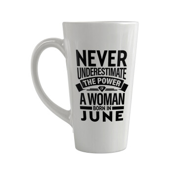 Never Underestimate the poer of a Woman born in..., Κούπα κωνική Latte Μεγάλη, κεραμική, 450ml