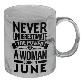 Never Underestimate the poer of a Woman born in..., Mug ceramic marble style, 330ml