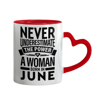 Never Underestimate the poer of a Woman born in..., Mug heart red handle, ceramic, 330ml