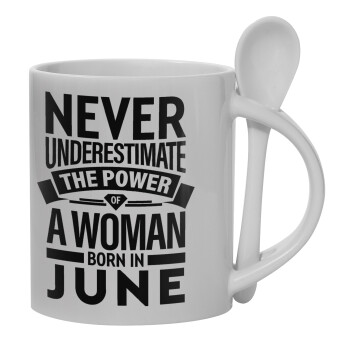 Never Underestimate the poer of a Woman born in..., Ceramic coffee mug with Spoon, 330ml (1pcs)
